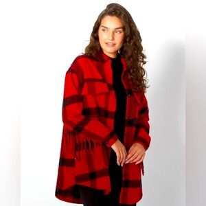 Badgley Mischka Red Black Buffalo Plaid Button Down Shaket With Fringe NWT Sz M